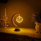 Moon lamp LED geometric ball battery powered with gold metal crescent for bedside use