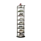 Vertical shoe rack for hallway with open shelves and compact 27x27 cm footprint