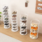 Vertical shoe rack for hallway with open shelves and compact 27x27 cm footprint