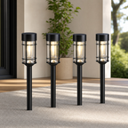 Solar garden lights 8-pack with glass shade and stainless steel pole, pathway stake installation