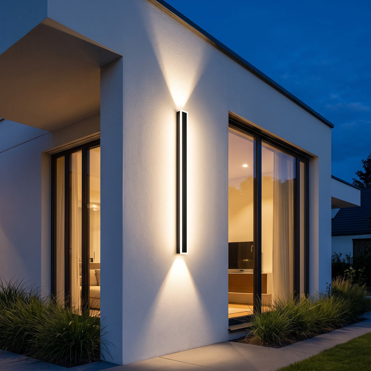 Linear outdoor wall light in black aluminium with warm LED up-down wall wash effect