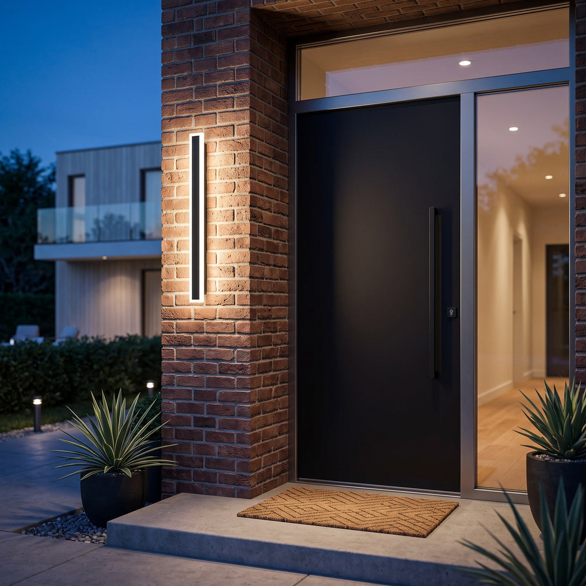 Linear outdoor wall light in black aluminium with warm LED up-down wall wash effect