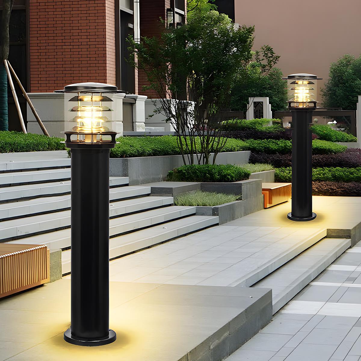 LED outdoor lamp post tiered cylinder design, IP65 waterproof, black and bronze finish