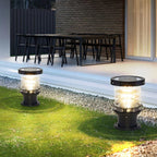 LED outdoor lamp post tiered cylinder design, IP65 waterproof, black and bronze finish