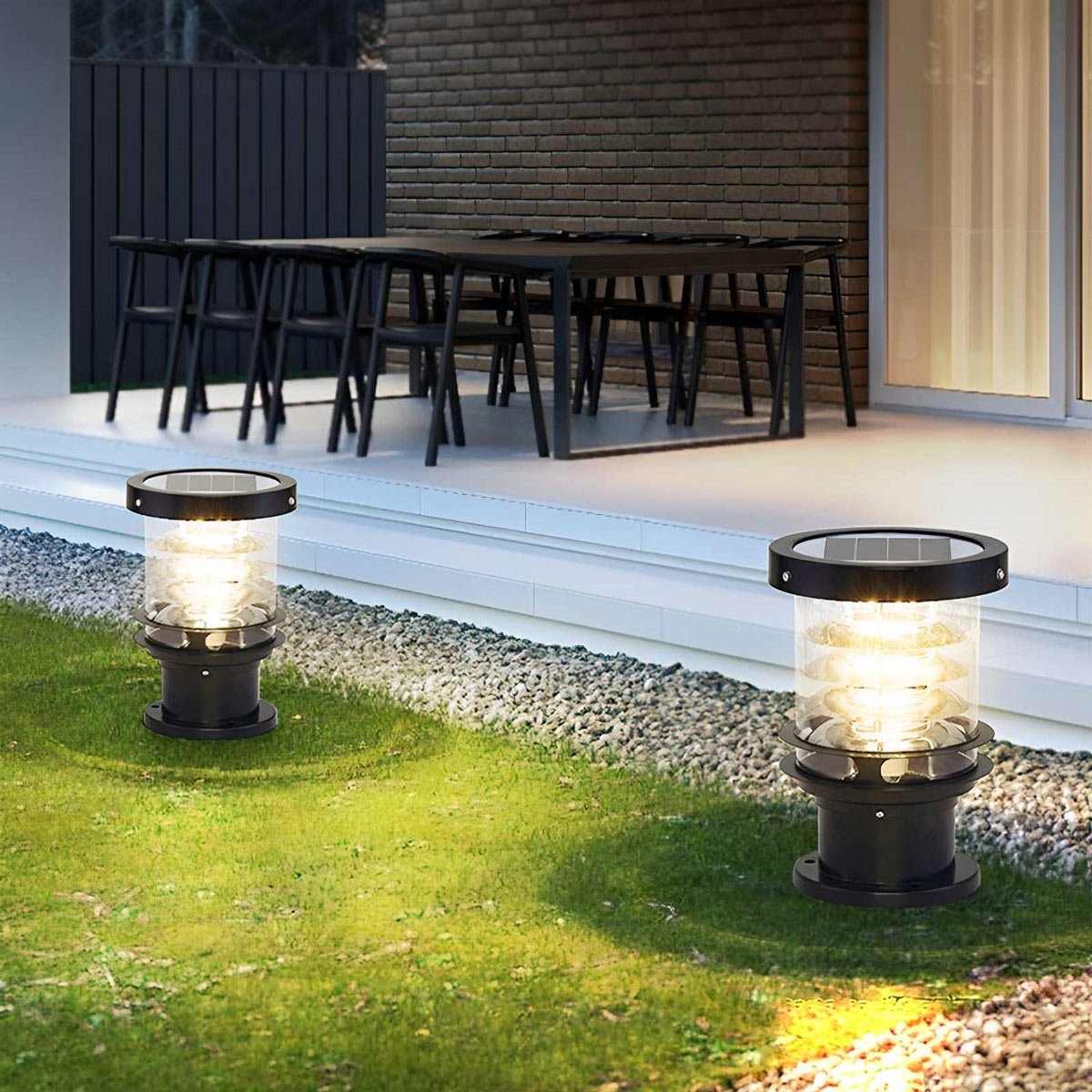 LED outdoor lamp post tiered cylinder design, IP65 waterproof, black and bronze finish