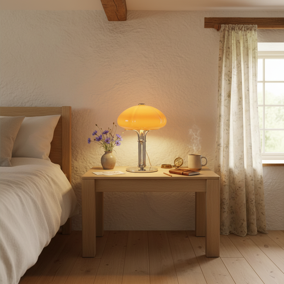 Mushroom table lamp with warm amber glow, cast iron frame and hand-blown glass shade