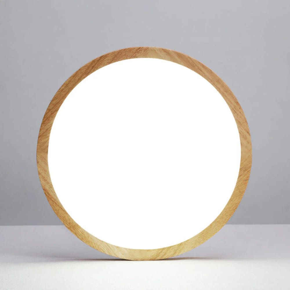 Slim round LED ceiling light with Japanese-inspired wood accent finish, flush mount