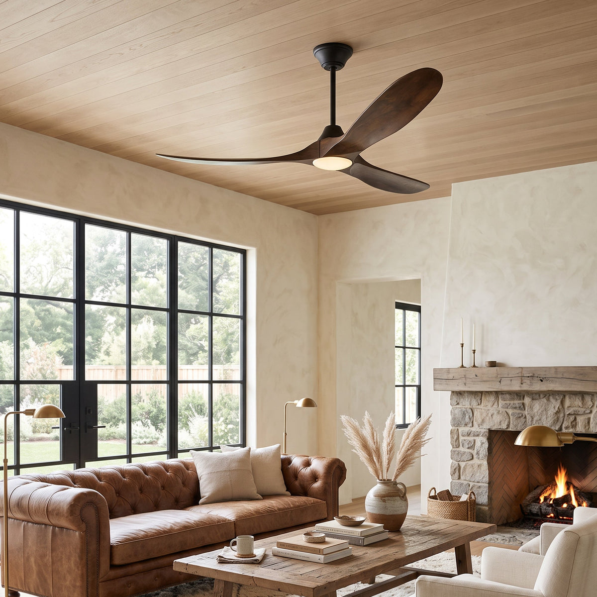 DC ceiling fan with LED light, solid wood blades, smart control, available in 36 to 82 inch