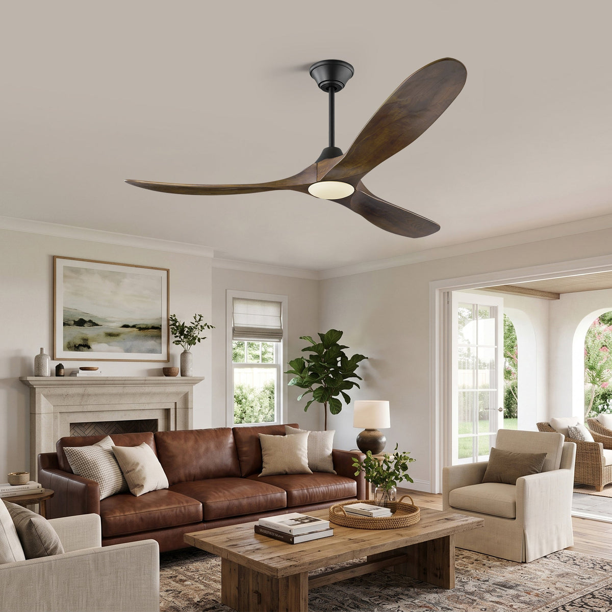 DC ceiling fan with LED light, solid wood blades, smart control, available in 36 to 82 inch
