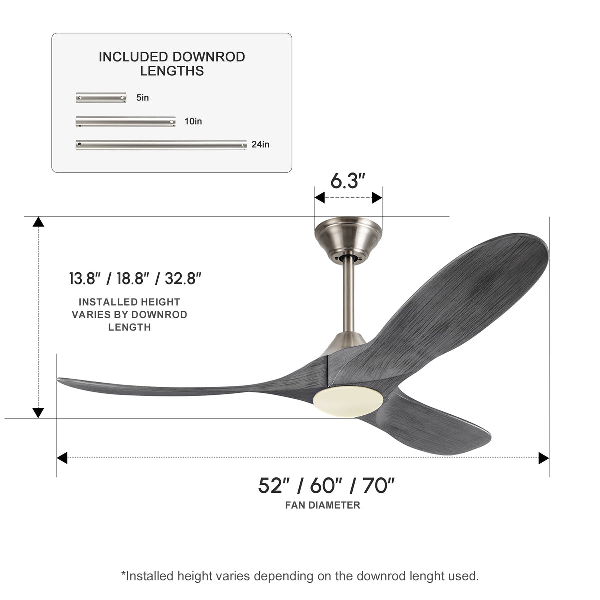 DC ceiling fan with LED light, solid wood blades, smart control, available in 36 to 82 inch