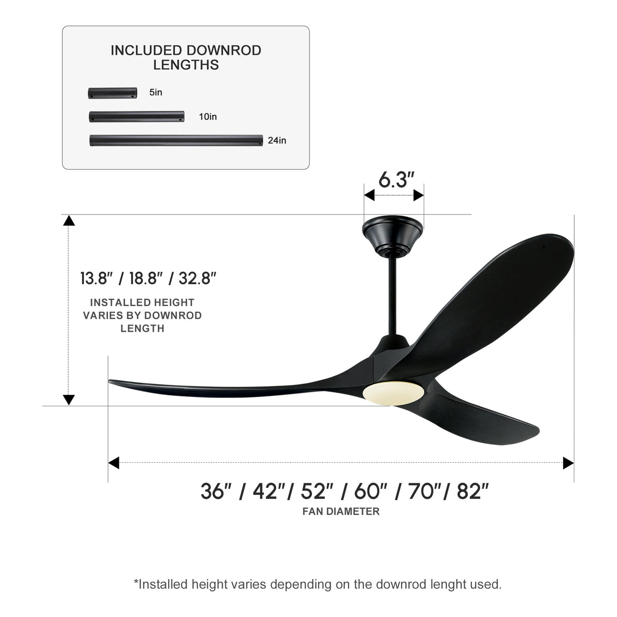 DC ceiling fan with LED light, solid wood blades, smart control, available in 36 to 82 inch
