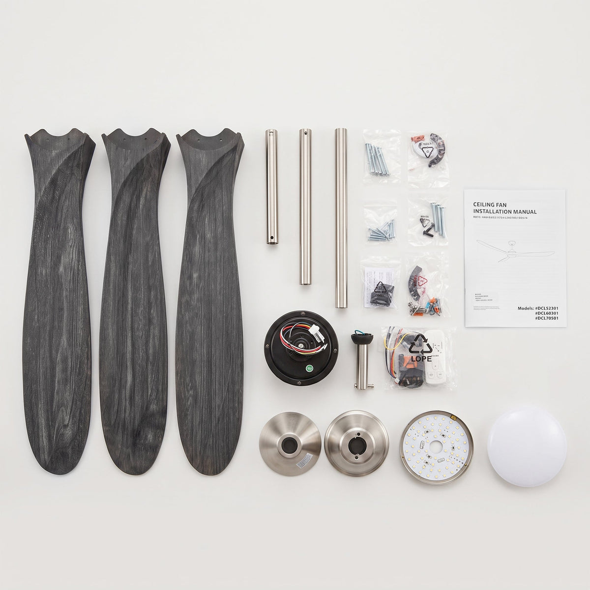 DC ceiling fan with LED light, solid wood blades, smart control, available in 36 to 82 inch