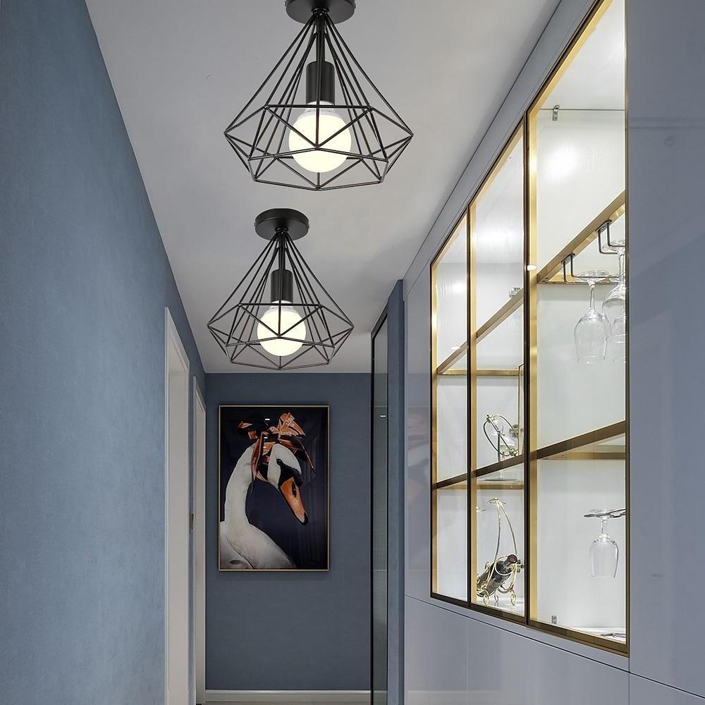 Retro ceiling light black metal geometric cage LED, industrial style indoor lamp